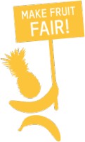 Make Fruit Fair Logo: Ananas und Banane halten Make Fruit Fair Schild