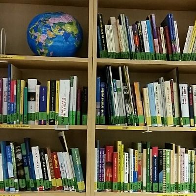 Bücherregal in der Südwind Bibliothek Salzburg gefüllt mit Büchern