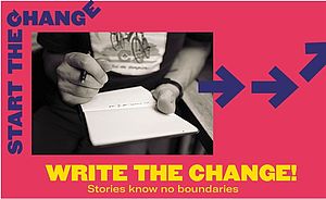 Person mit Stift und Notizblock, darunter als Text "Write the Change"