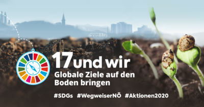 SDG Logo, dahinter Keimlinge die aus dem Boden Wachsen. Im Hintergrund Silhouette einer Stadt 