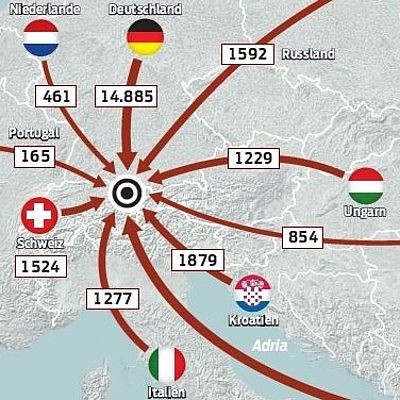 Weltkarte mit Migration nach Vorarlberg