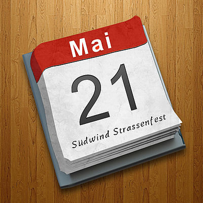 Illustration eines Kalenders. Angezeigt ist das Datum 21. Mai, als Text darunter "Südwind Strassenfest"