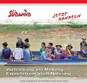 Cover "Vertreibung am Mekong", zu sehen ist ein fahrendes Holzboot voller Kinder