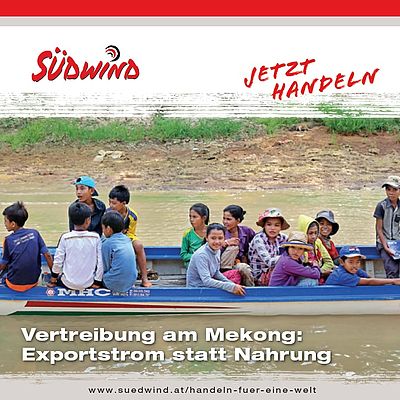 Cover "Vertreibung am Mekong", zu sehen ist ein fahrendes Holzboot voller Kinder