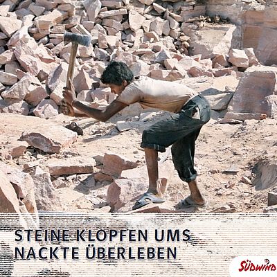 Cover "Steine klopfen ums nackte Überleben", im Hintergrund ein Kinderarbeiter auf einer Steinhalde