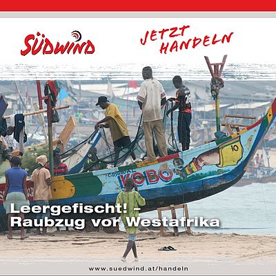 Cover "Leergefischt!", hinter der Schrift ist ein buntes Fischerboot mit mehreren Fischern darauf