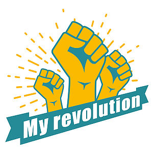 Logo Meine Revolution. Drei gelbe in die Luft gestreckte Fäuste, in Schrift darunter "My revolution"