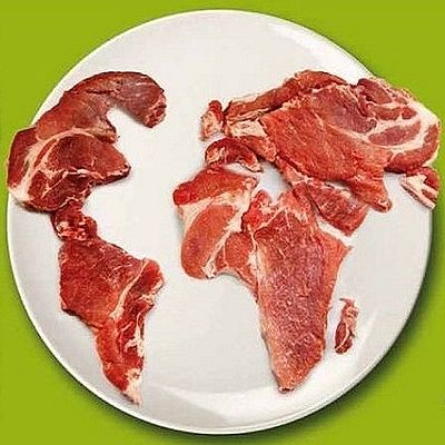 Auf einem Teller liegen mehrere Stück rohes Fleisch. Sie sind so angeordnet, dass sie die Kontinente darstellen. 