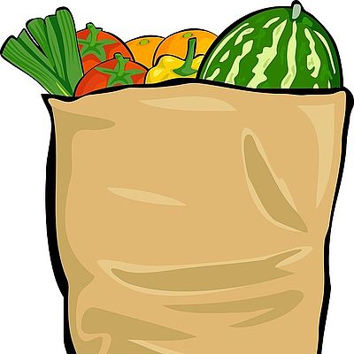 Illustration einer Einkaufstasche aus Papier, gefüllt mit Obst und Gemüse 
