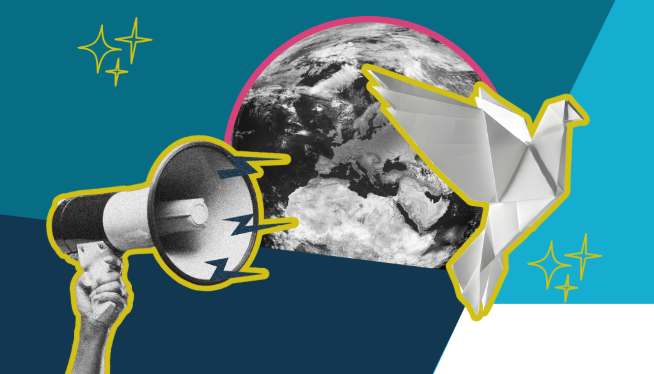 Sujet für die Global Education Week mit einer Hand die einen Megaphon hält